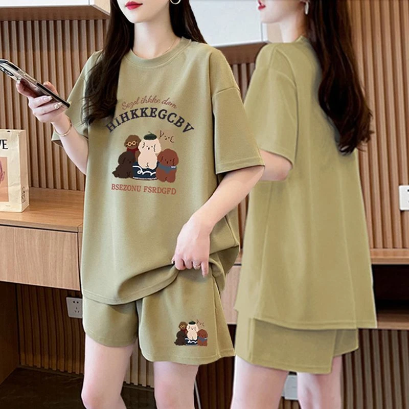 韩版大码纯棉休闲运动套装女夏季2025新款显瘦网红短袖短裤两件套