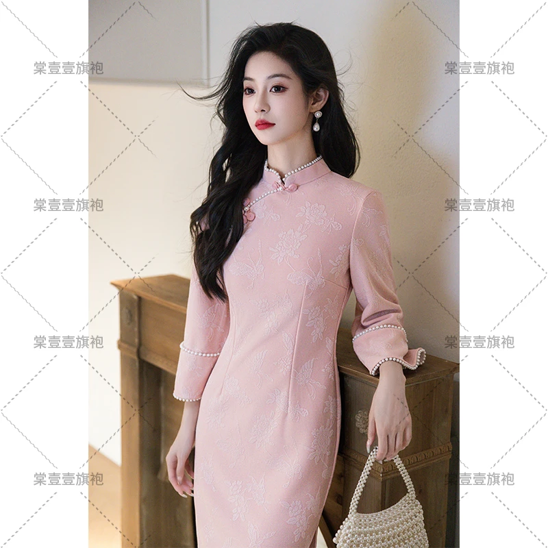 新中式常规款长旗袍时尚旗袍日常气质长袖碎花春季修身中国风秋季