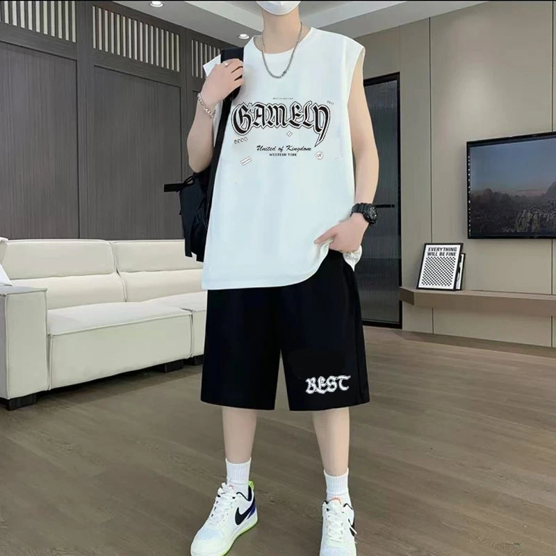 男孩背心套装2025新款夏季大童夏装无袖套装青少年网红两件套衣服