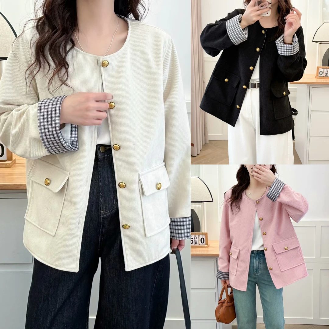 HUIZHIMEI/绘智美大码早春新款洋气显瘦拼接格子百搭宽松外套女