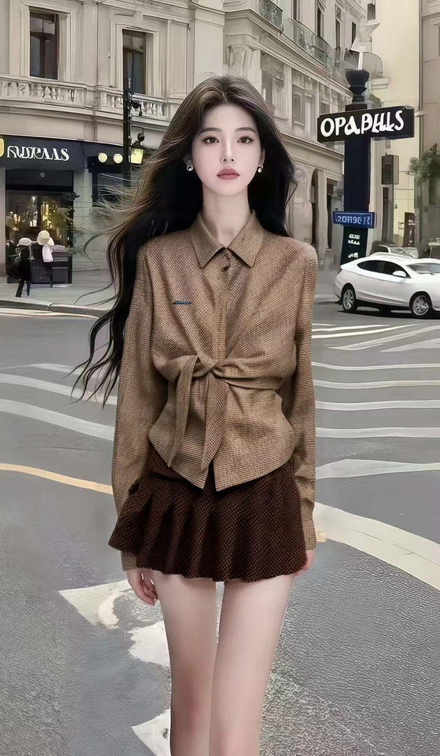 轻奢早秋氛围感穿搭棕色设计感翻领长袖小众上衣+咖色百搭半身裙