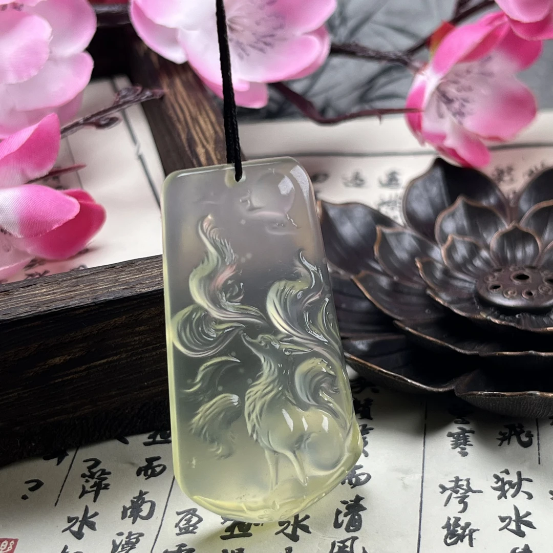 九尾狐岫玉高冰雪花棉玉石吊坠挂件女士女款狐狸冰透精美