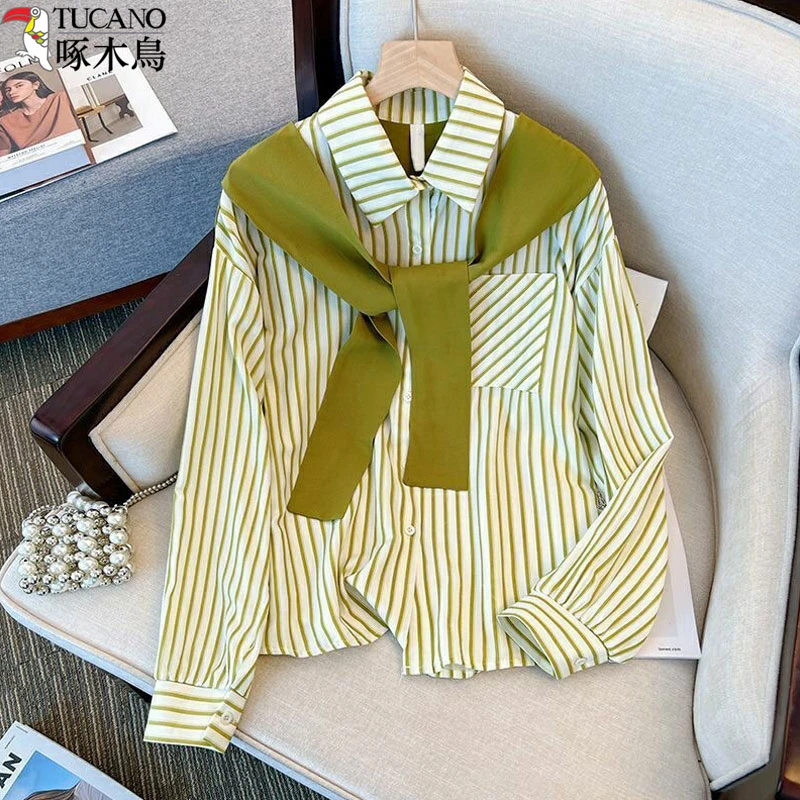 TUCANO/啄木鳥学院风条纹衬衫女秋季新款假两件披肩上衣长袖衬衣
