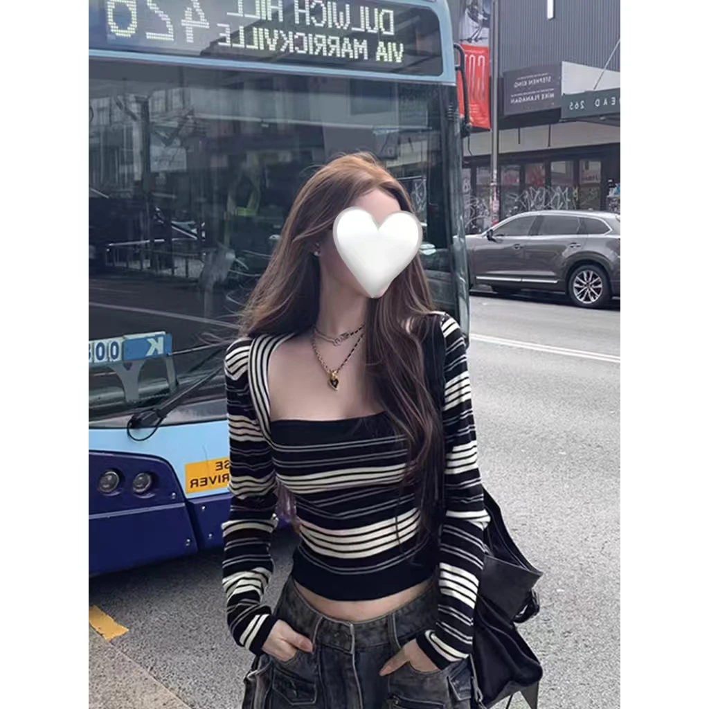 甜粿妹妹复古条纹针织抹胸短上衣长袖毛衣坎肩两件套