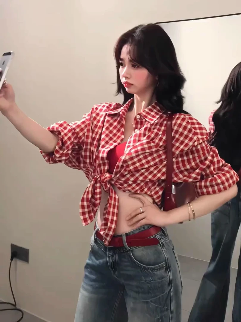 女夏季美式复古慵懒风宽松薄款防晒衬衣外套红色格子长袖衬衫上衣