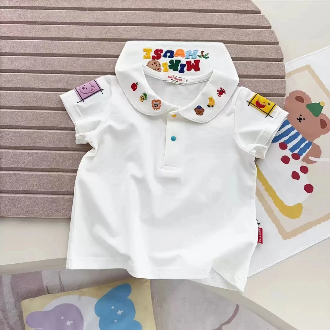 【预售】夏季新款日系男女宝宝刺绣海军领T恤A81