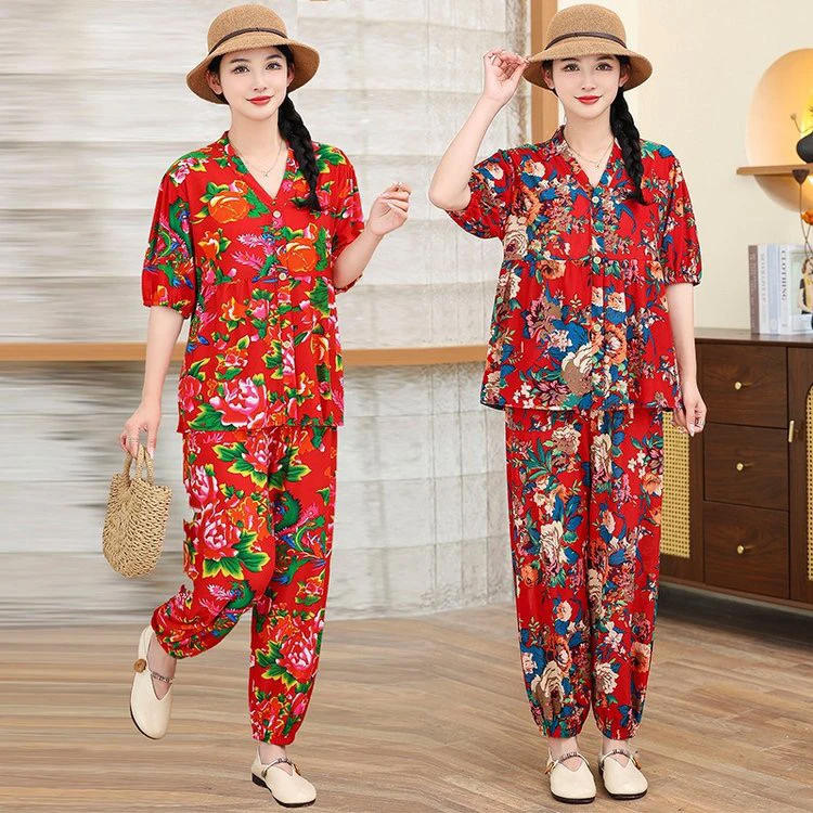 夏季新款东北大花布家居服套装洋气妈妈装时尚五分袖中老年两件套