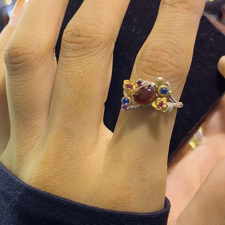 蓝珀银S925镶嵌珠宝奇石墨西哥红蓝戒指