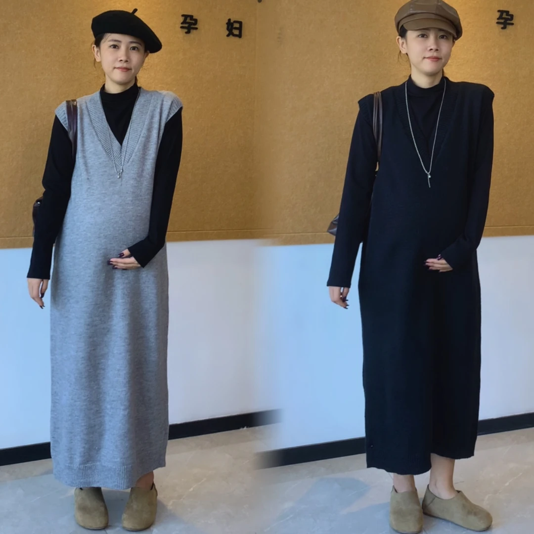 孕妇装秋冬新款时尚百搭宽松显瘦针织连衣裙女中长款毛衣裙