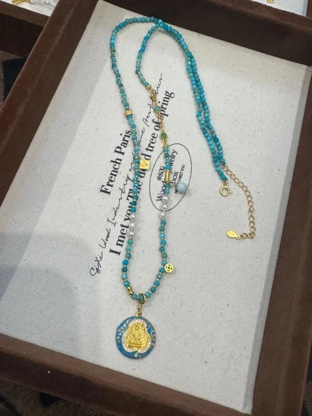 吊坠925银珐琅 彩色手工复古蓝色百搭项链饰品串珠时尚毛衣链坠链