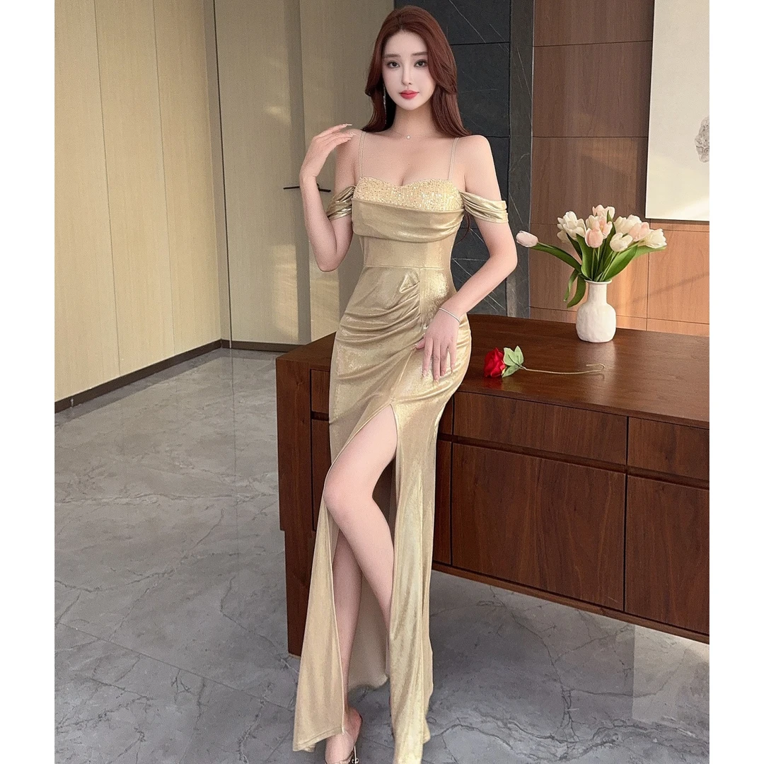 显瘦气质海岛性感高级长款香槟色缎面醋酸发光连衣裙吊带度假裙