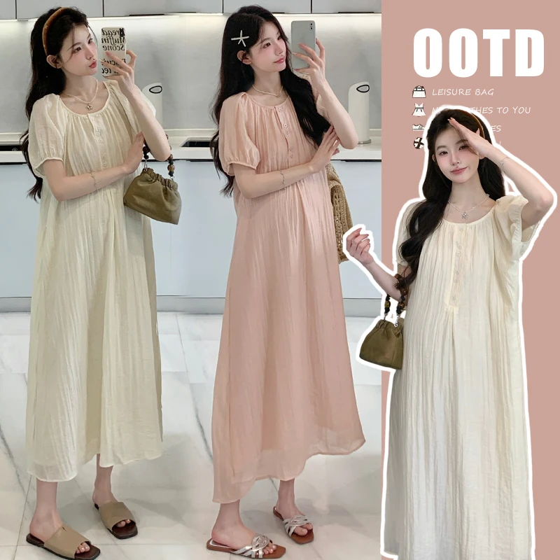 孕妇装2025夏季新款仙女简约休闲百搭圆领宽松显瘦腰带仙仙连衣裙