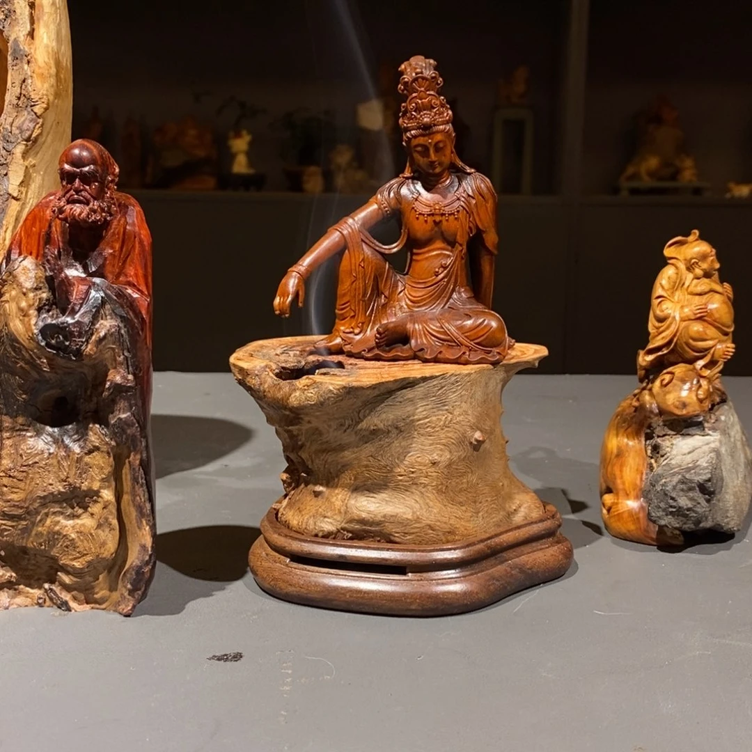 廖***件荔枝木底座香炉观音摆件