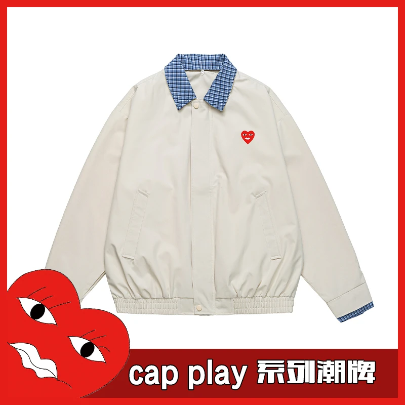 Cap Play美式复古格纹拼接外套男女同款春秋翻领百搭休闲宽松夹克
