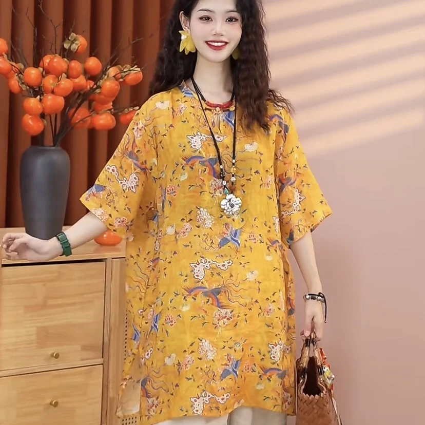 【乔一推荐】2025新国风中式透气宽松清凉苎麻中长款女上衣26238