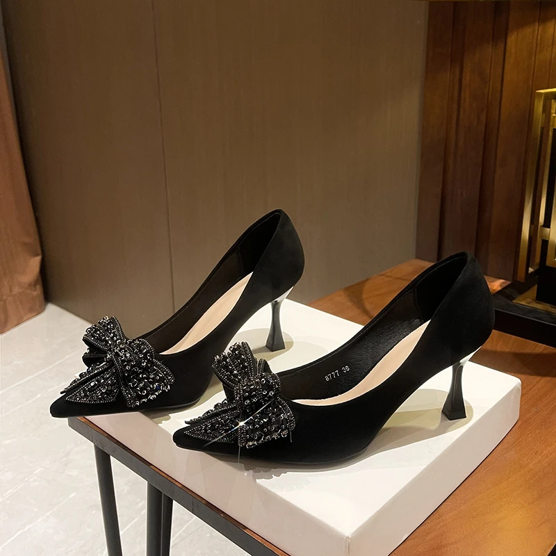 绒面蝴蝶结高跟鞋气质法式结婚单鞋细跟性感尖头浅口百搭单鞋女
