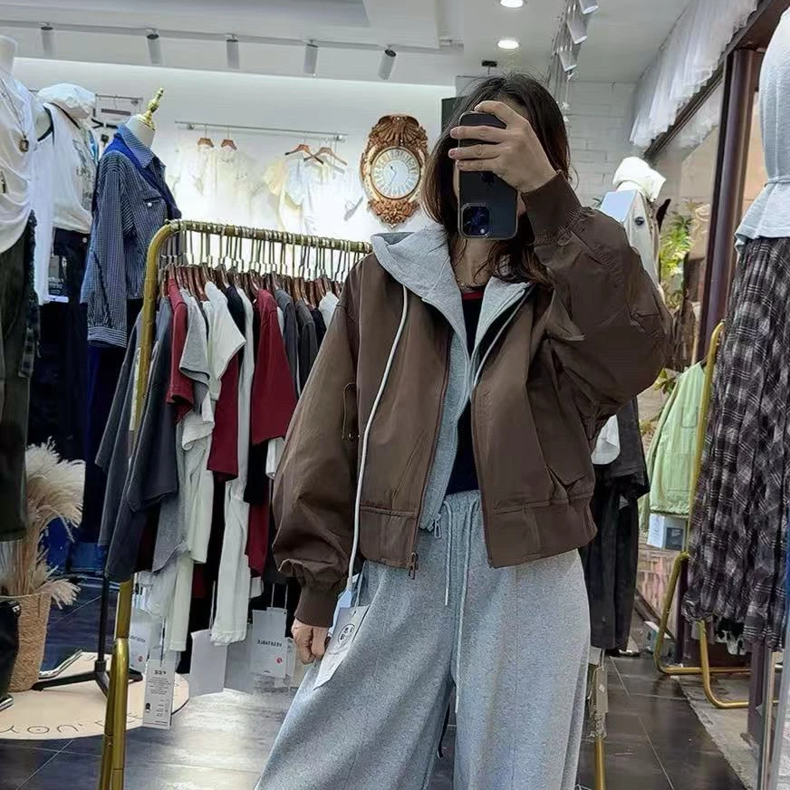 秋季新品韩版假两件设计高品质连帽外套夹克上衣棒球服女时尚洋气