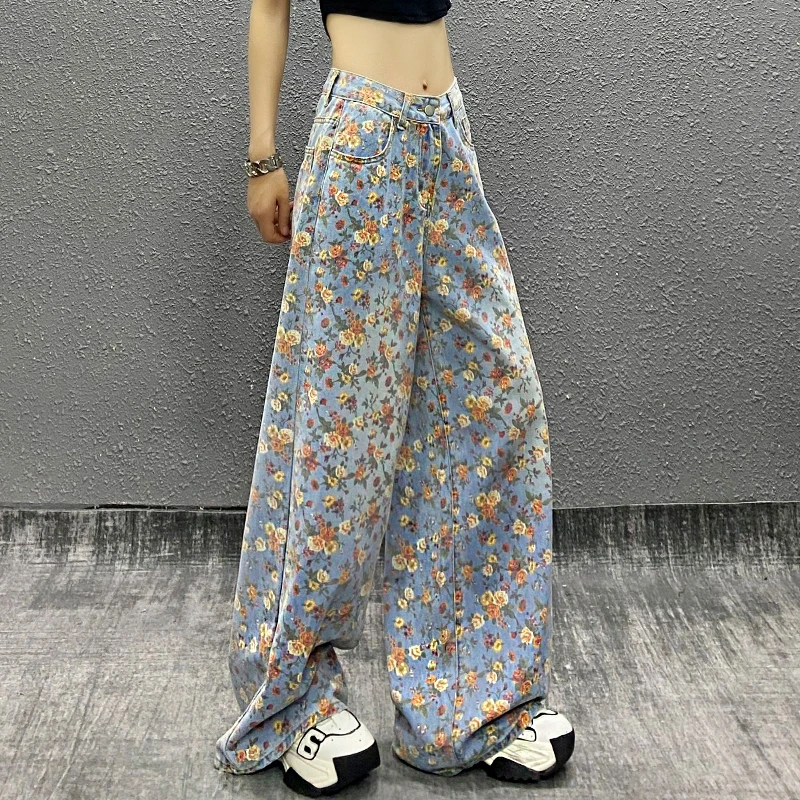 帅气印花蓝色休闲牛仔裤女夏新款高腰宽松显瘦百搭直筒阔腿拖地裤