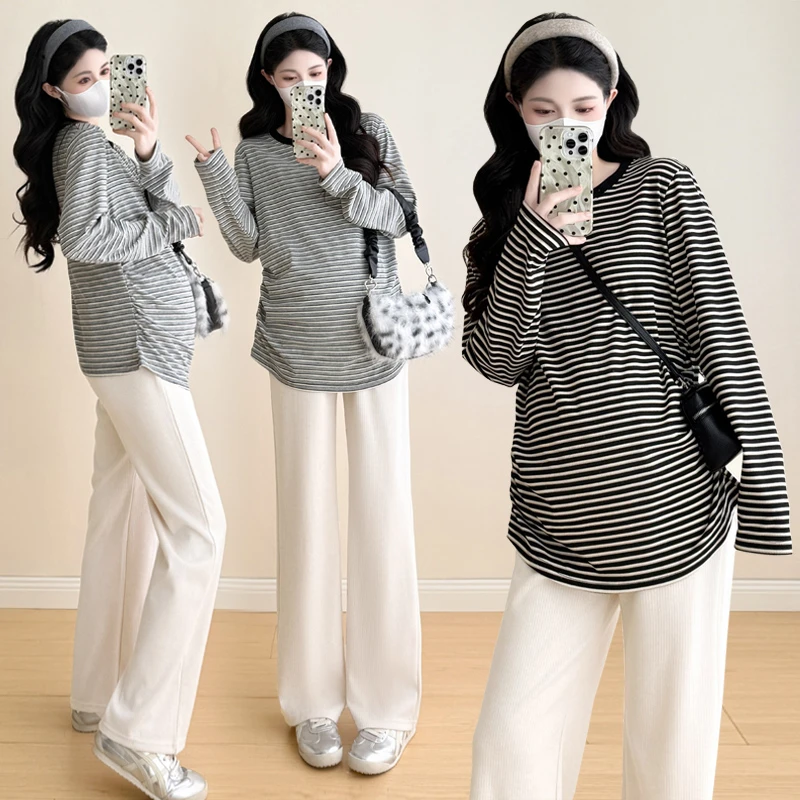 孕妇装2025春秋季新款百搭高弹针织打底衫秋冬款内搭条纹T恤上衣