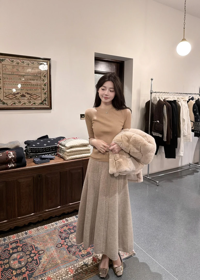 春秋新款拍照必备衣服韩版氛围感修身气质长袖针织衫高腰半身裙