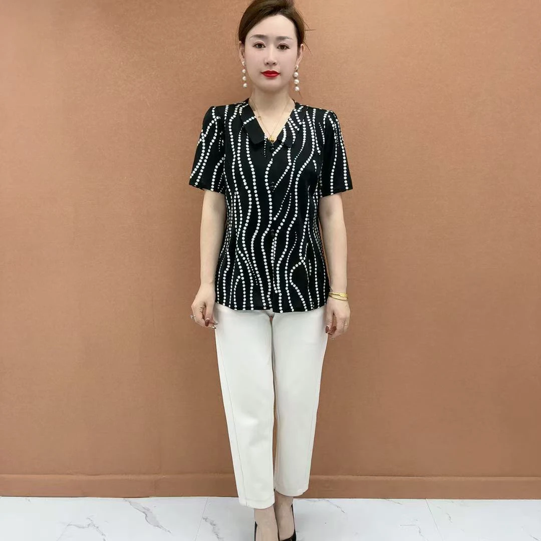 千之绣 官方正品夏季百搭新款妈妈装印花小衫气质遮肚显瘦短袖T恤