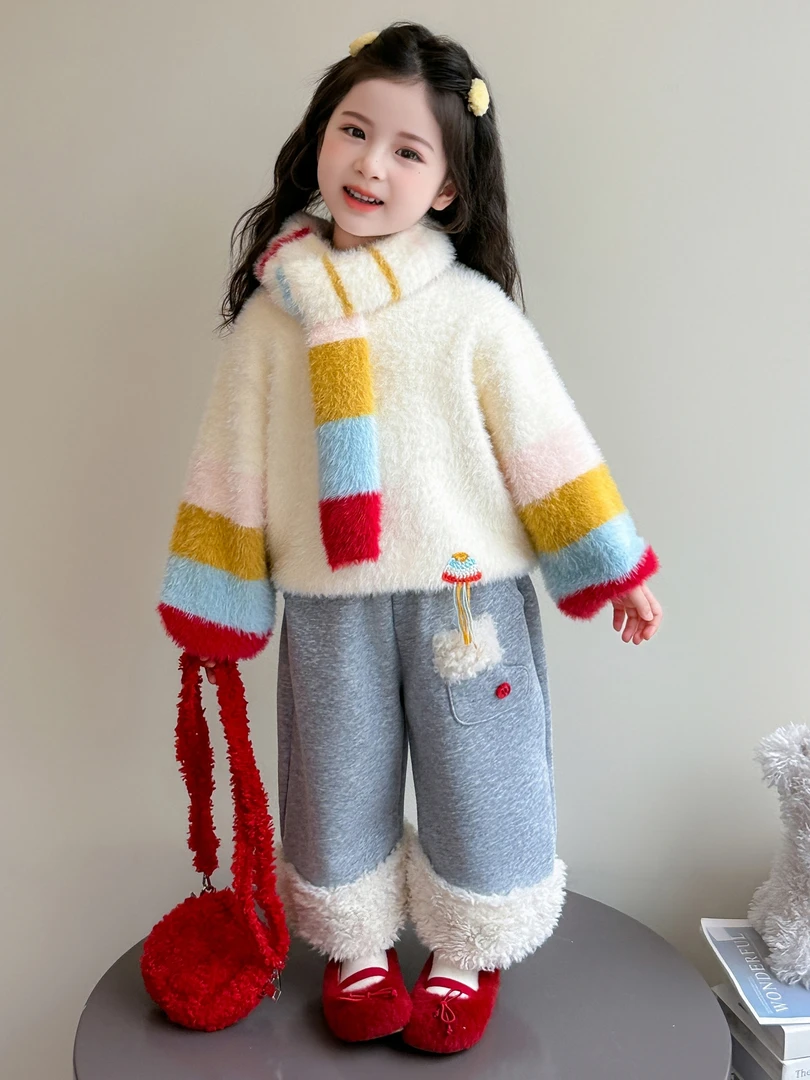 MK&DK女童毛毛衣套装秋冬2025新款韩版洋气儿童加绒休闲裤两件套