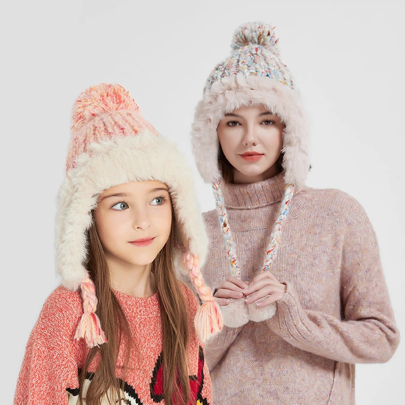 亲子款流苏羊毛毛线帽秋冬季加绒加厚护耳保暖毛绒针织帽