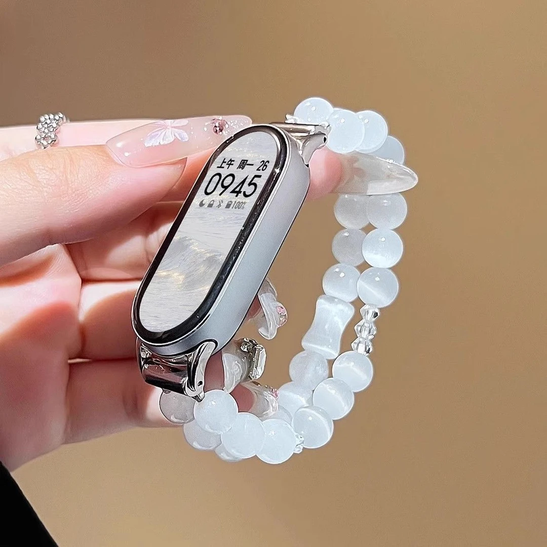 适用小米手环8/9/10手链表带白水晶猫眼石串珠弹力女款腕带夏季