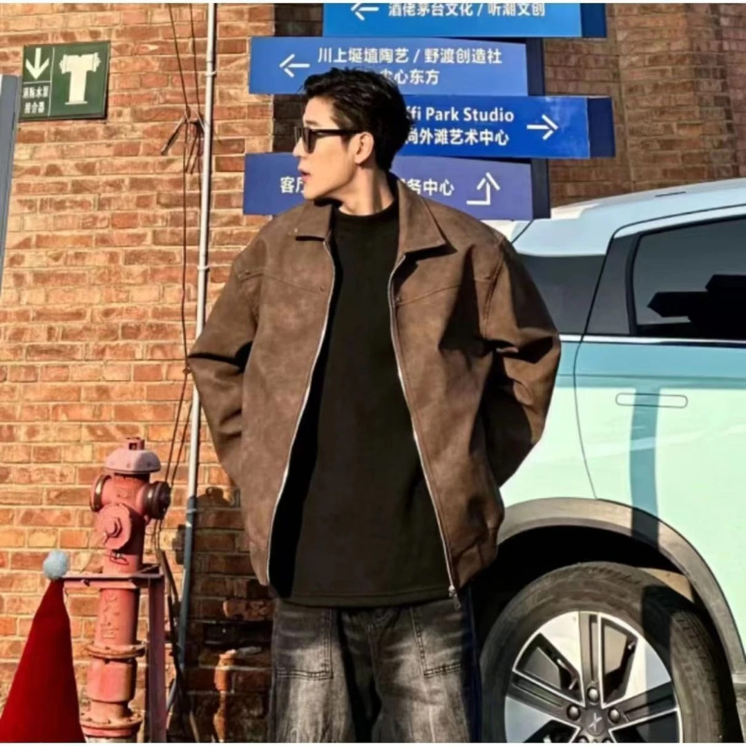 男道美式复古翻领皮夹克男士2025新款春秋季宽松情侣工装pu皮外套