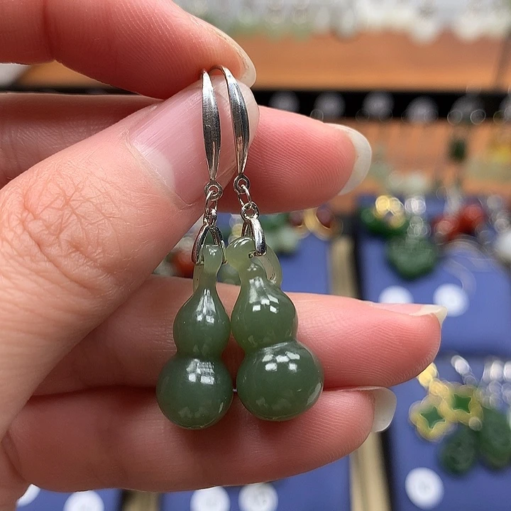 和田玉银S925镶嵌耳饰葫芦21.6左右湖水绿