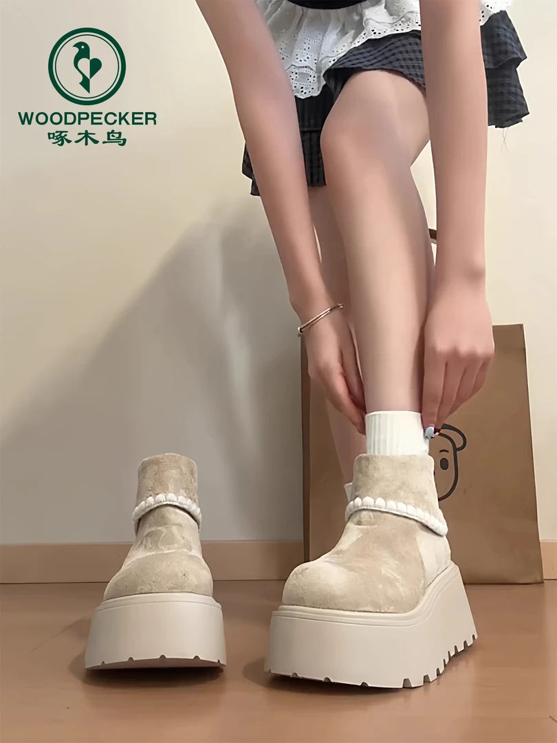 啄木鸟英伦风厚底马丁靴女2025秋新款百搭小个子复古松糕勃肯短靴