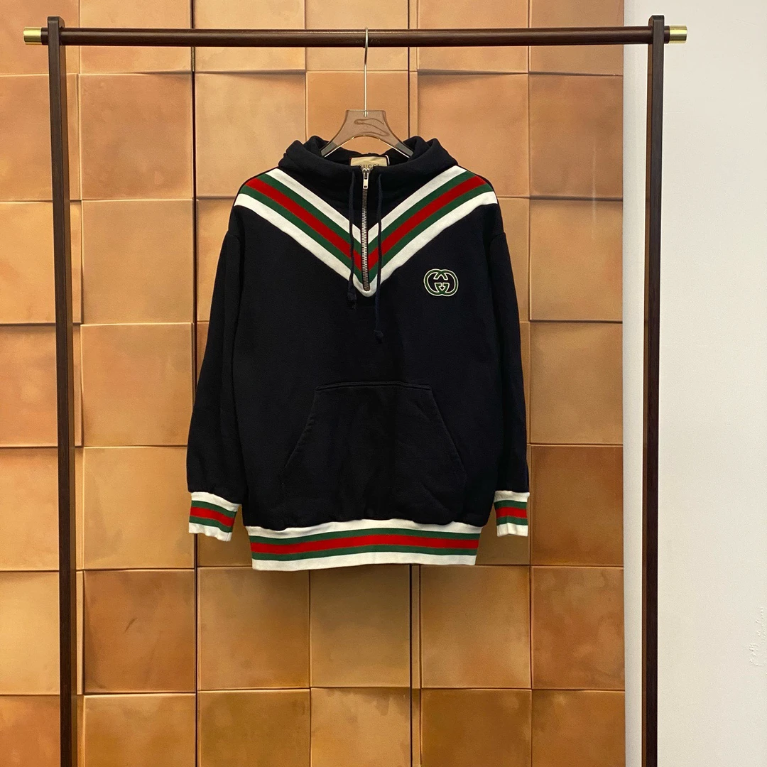 99新 GUCCI/古驰 藏蓝色刺绣双G条纹半拉链帽衫/m码/29385