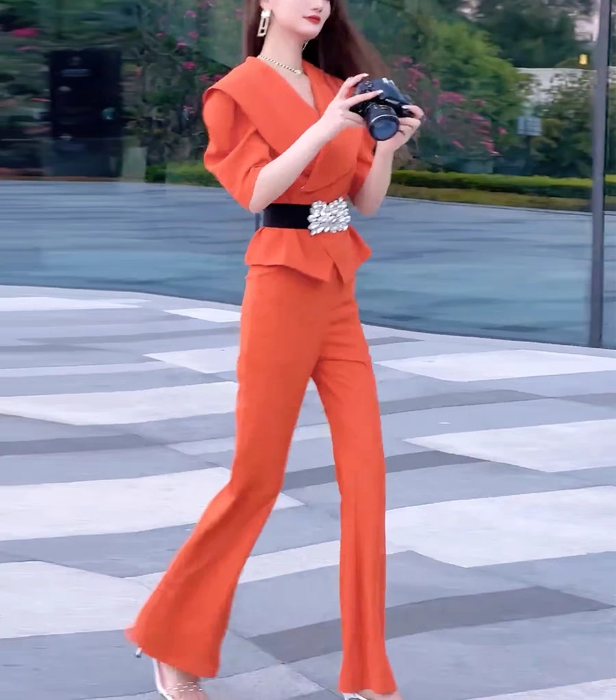 527-A-7-5-1 气质新款时尚优雅感御姐年范收腰上衣显瘦微喇裤套装