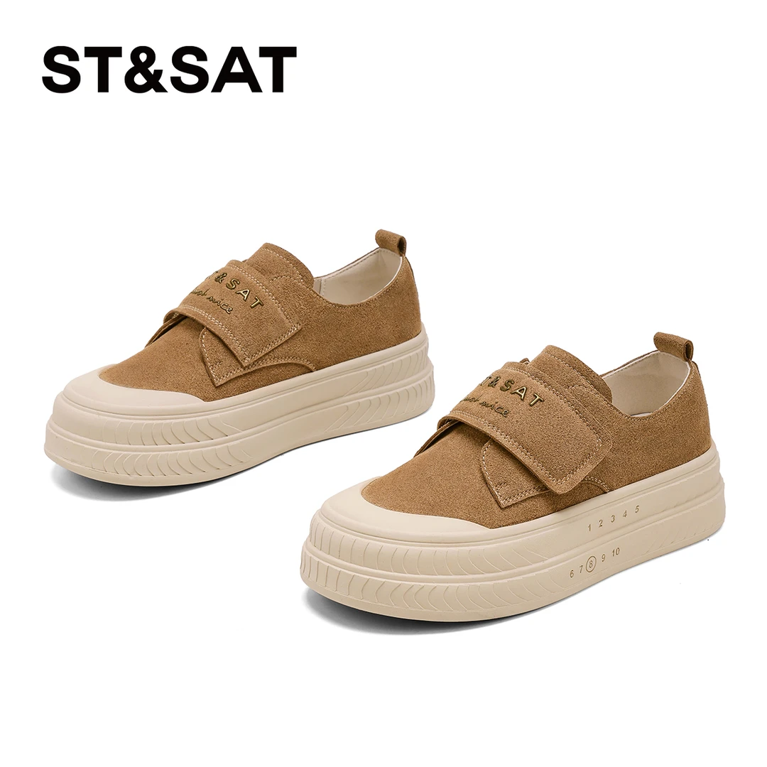 星期六圆头丑萌魔术贴松糕鞋女2025秋季新款复古休闲鞋百搭板鞋女