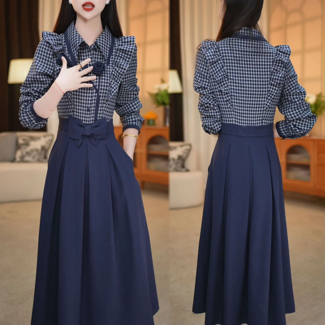 秋季新款格子拼接收腰小众设计感连衣裙法式复古气质显瘦长袖裙子