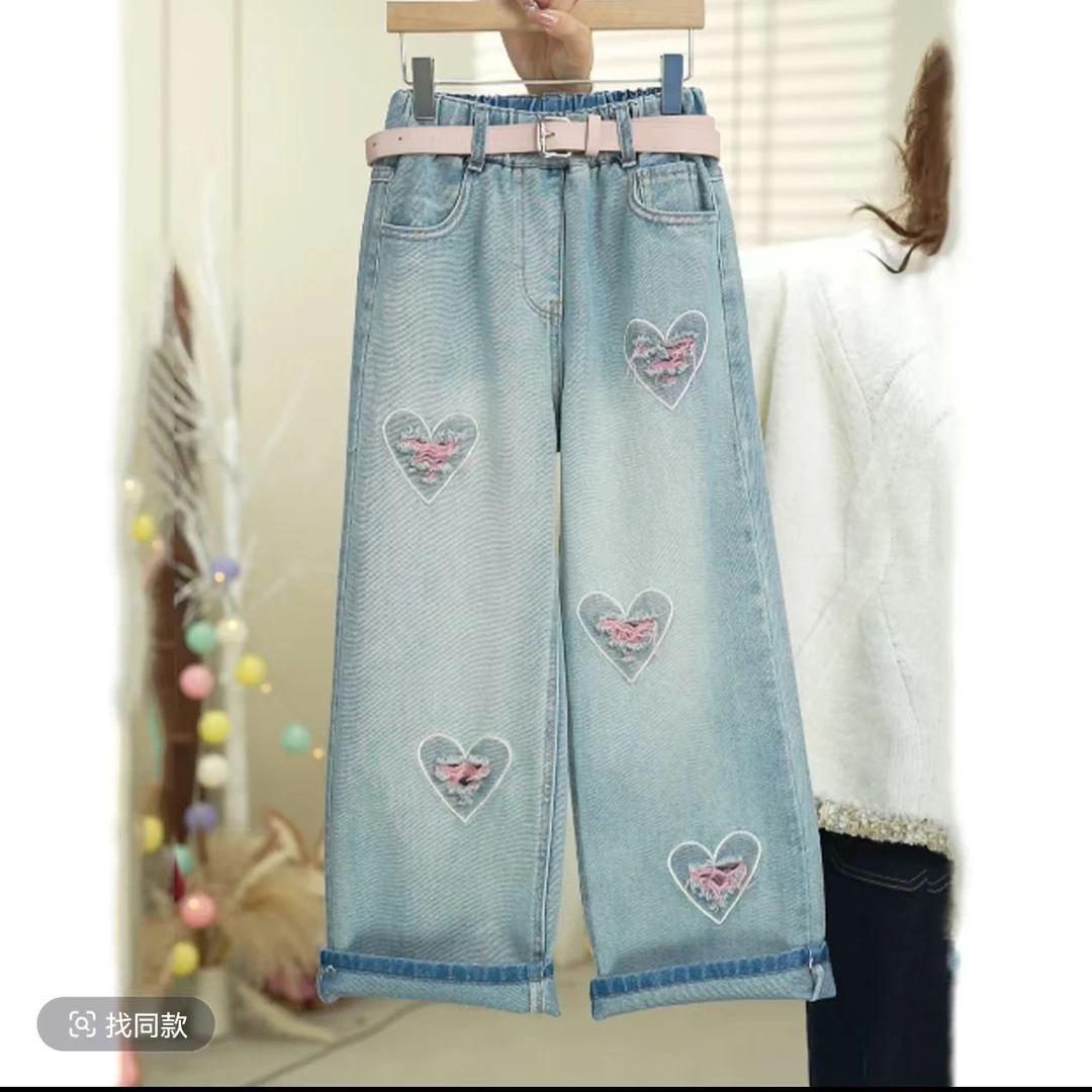 【爱心刺绣】女童牛仔裤2025新款春季新款洋气阔腿裤宽松直筒裤