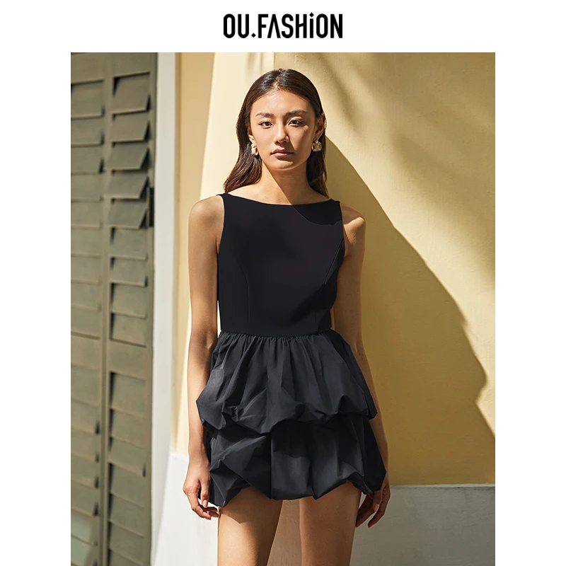 OU.FASHION/欧点法式芭蕾风背心连衣裙蓬蓬花苞短裙女1122410422