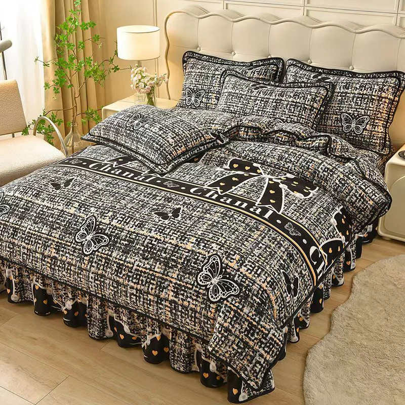 西藏包邮双面牛奶绒床裙款四件套加绒双面绒欧式防滑