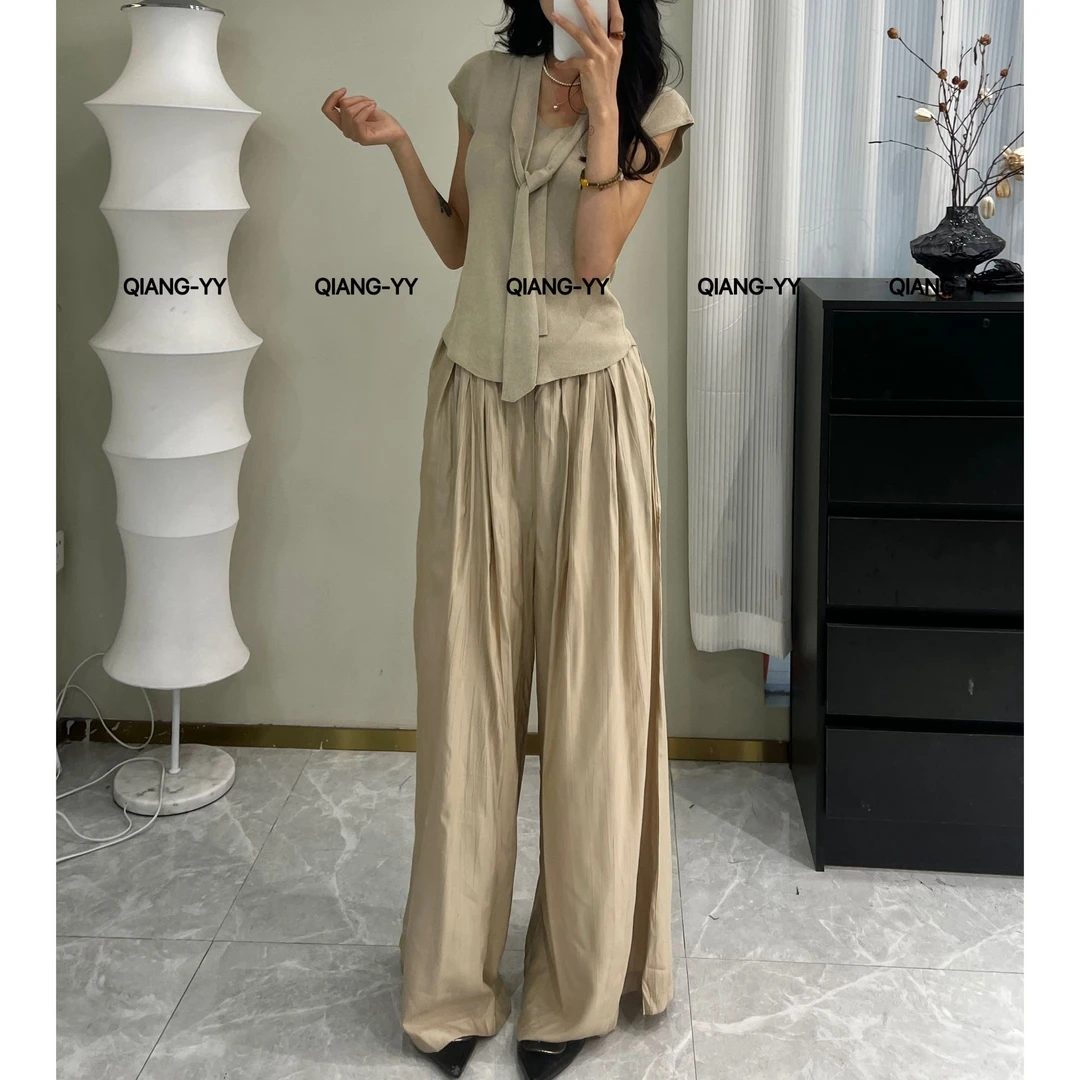 薄款休闲夏季时尚套装高腰阔腿裤小众女装复古高腰693