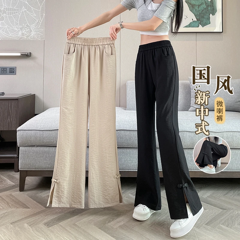 窄版冰丝亚麻裤子女夏季薄款2025新款国风新中式凉凉棉麻微喇叭裤
