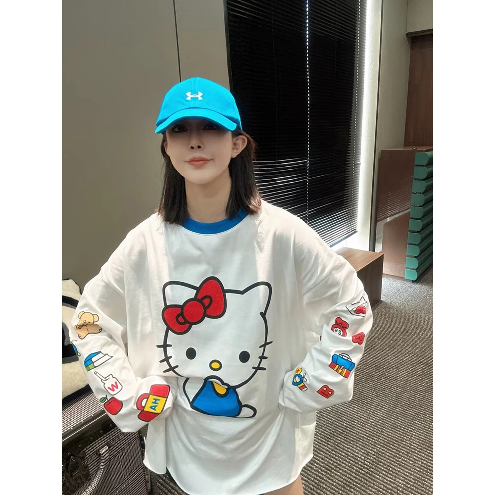 韩系甜美卡通KT猫印花长袖T恤女秋季新款小众设计感减龄百搭上衣