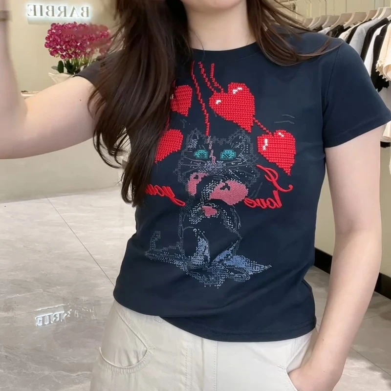 夏季设计感猫咪刺绣爱心T恤女士圆领短袖重工上衣LK2502856