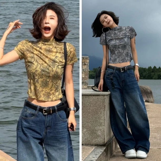 Aila｜新款法式气质印花短袖T恤显瘦时尚辣妹休闲百搭短款上衣女装