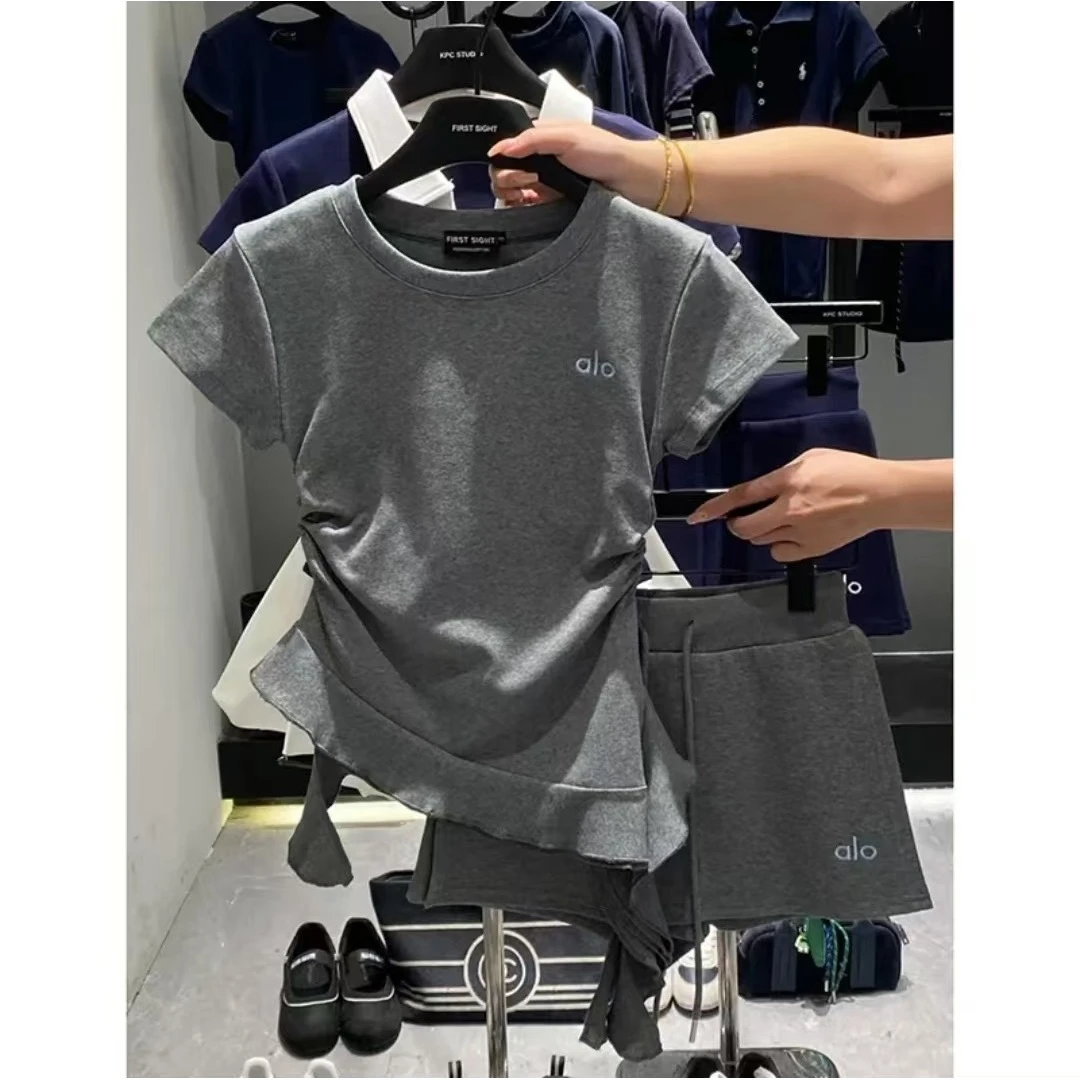 【两件套】字母刺绣圆领不规则下摆荷花边短袖夏季收腰显瘦T恤套装