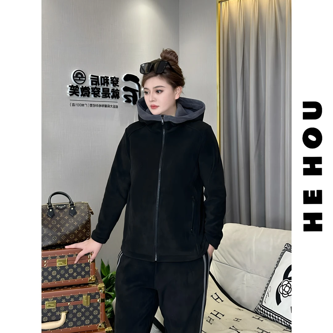 512025 和后大码 百搭加绒洋气休闲连帽宽松中长款韩版ins外套