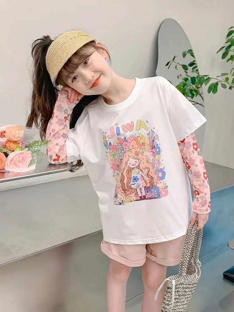 儿童短袖T恤2025夏装新款女童洋气半袖单上衣女童宝宝印花假两件