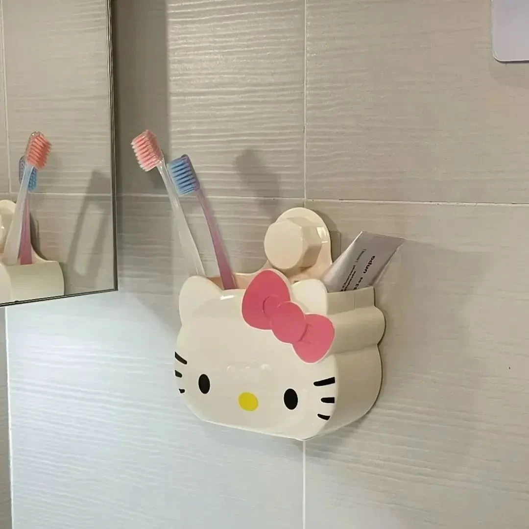 hellokitty浴室牙刷牙膏置物架免打孔卡通动漫壁挂可沥水收纳盒TJ
