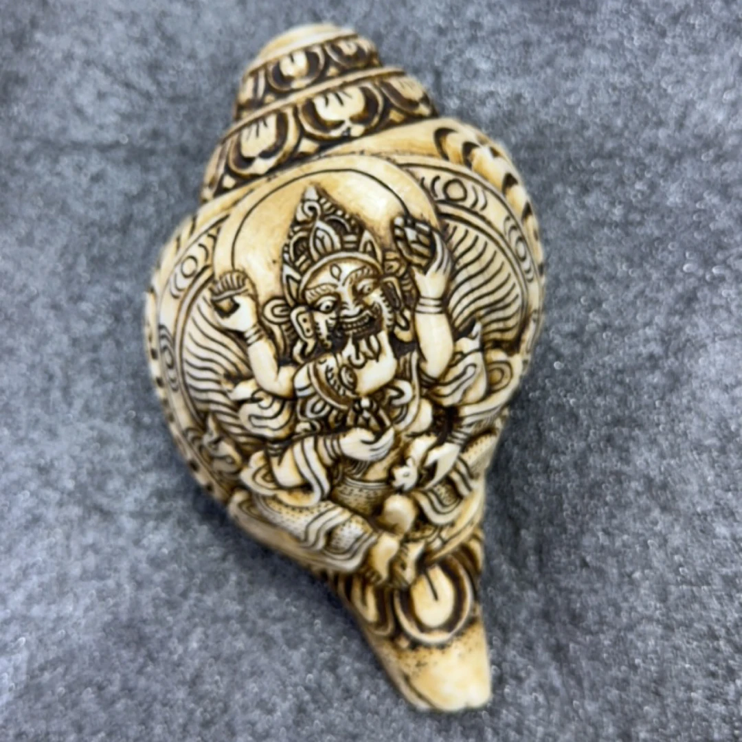 双身黄财神藏传右旋海螺号角 19厘米 雕刻天然海螺号角大音量