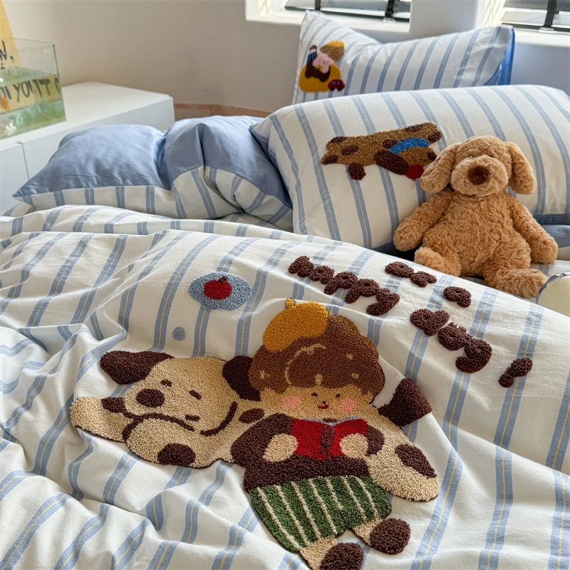 卡通水洗棉毛巾绣床上四件套全棉纯棉儿童床品宿舍被套床单三件套