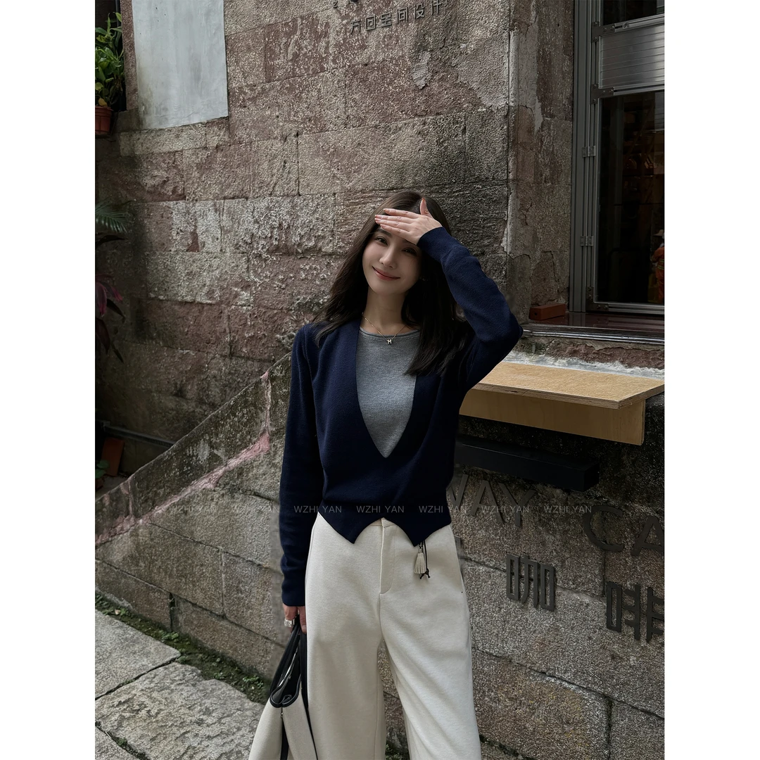 【弗里假日】“Y毛假两件”设计感双色拼接长袖气质上衣T恤58521